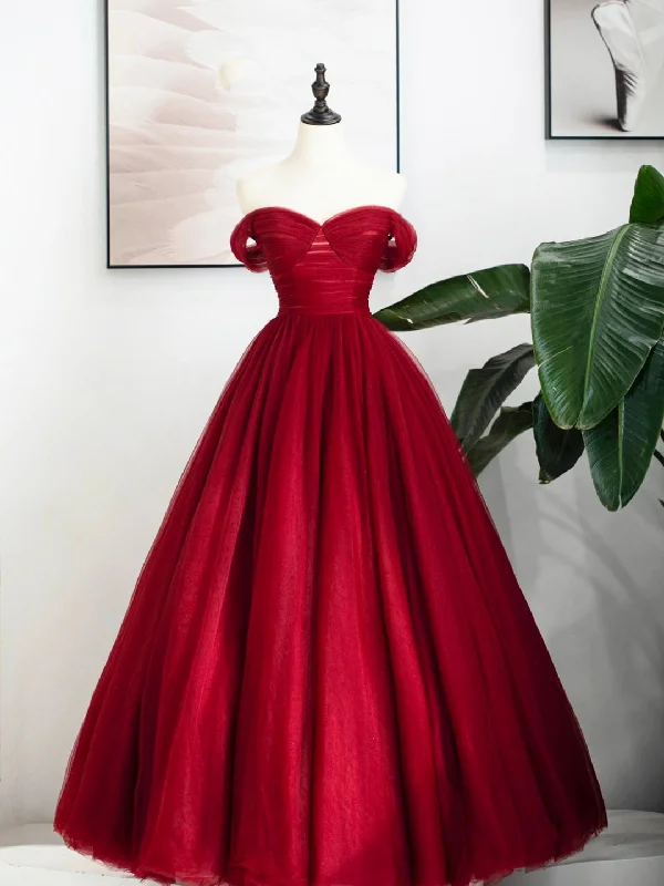 Burgundy Tulle Long Formal Dress, Off Shoulder Evening Dress Party Dress Tunics Chic elegant
