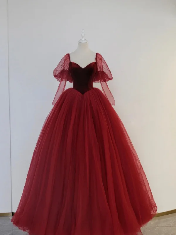 Burgundy Velvet and Tulle Floor Length Formal Dress, A-Line Long Sleeve Tulle Evening Party Dress Tunics Luxurious premium