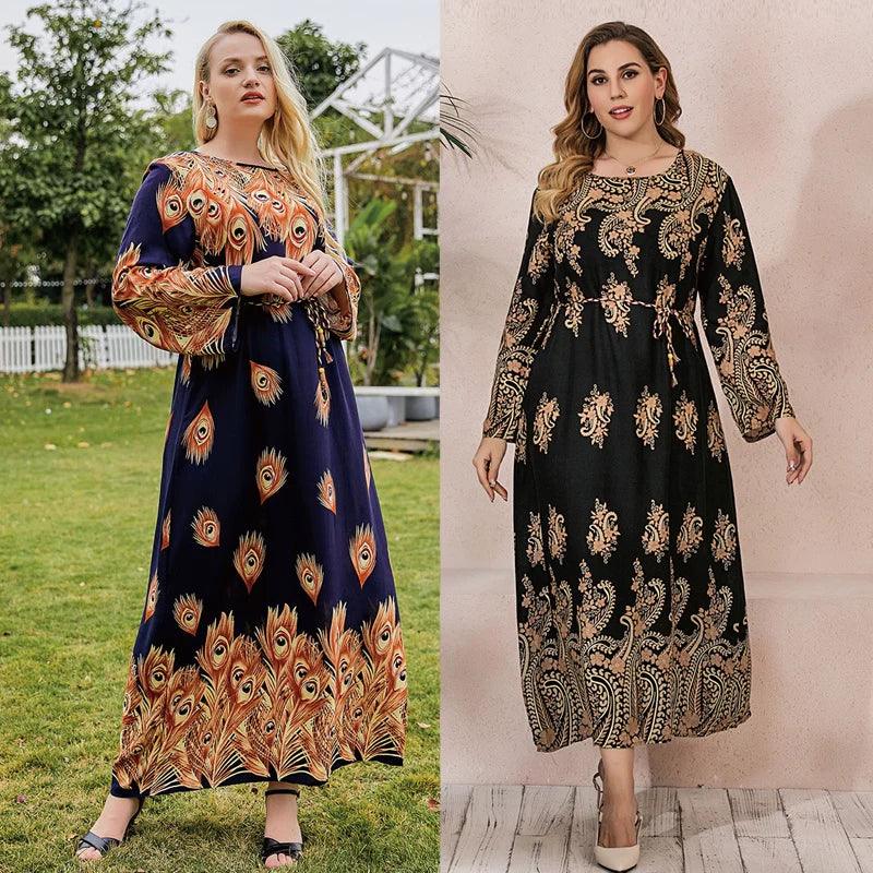 Floral Print Plus Size Party Dress: Elegant Street Style Long Sleeve Cotton Dress Off-the-shoulder Bohemian Festive