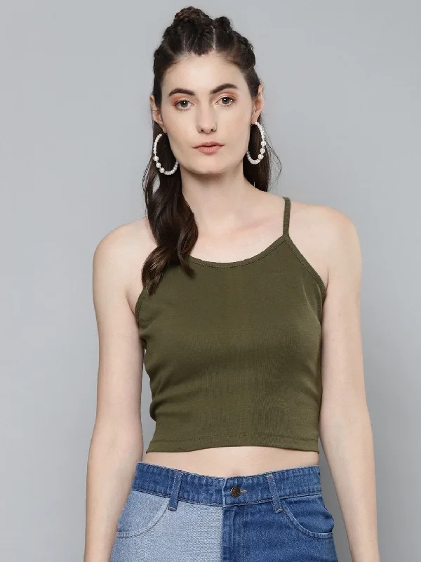 Women's Olive Strappy Box Back Crop Top - SASSAFRAS Rayon Fabric Velvet Fabric Corduroy Fabric