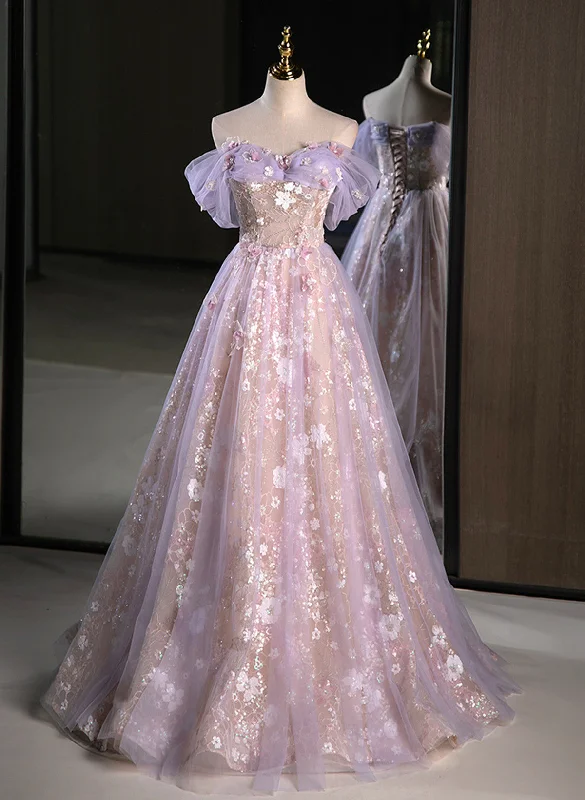 Light Purple A-line Tulle with Floral Long Prom Dress, Light Purple Evening Dress Party Dress Tunics Stylish modern