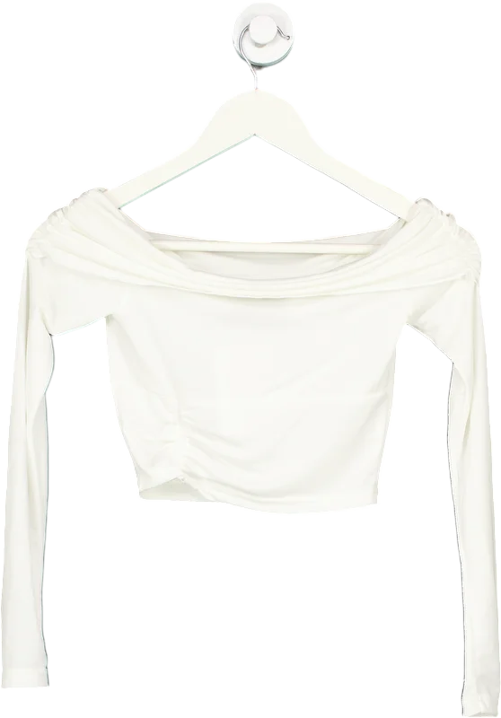 White Fox White Off-Shoulder Crop Top UK XS Satin Fabric Silk Fabric Chiffon Fabric