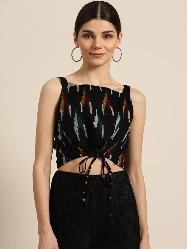 Women's Black Ikat Strappy Crop Top - SHAE Layered Multi-layer Single Layer