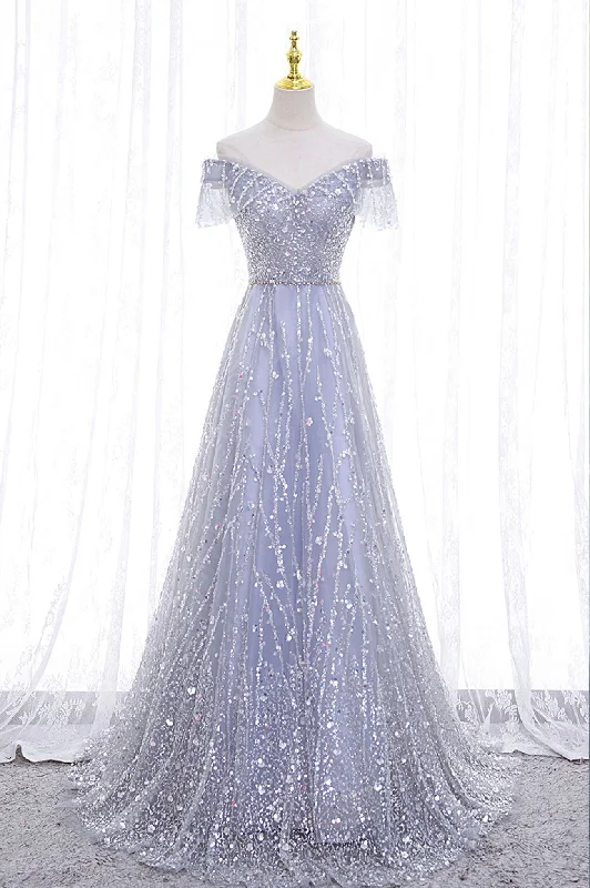 A-Line Tulle Sequins Long Prom Dress, Off the Shoulder Evening Party Dress Crew Neckline Sporty