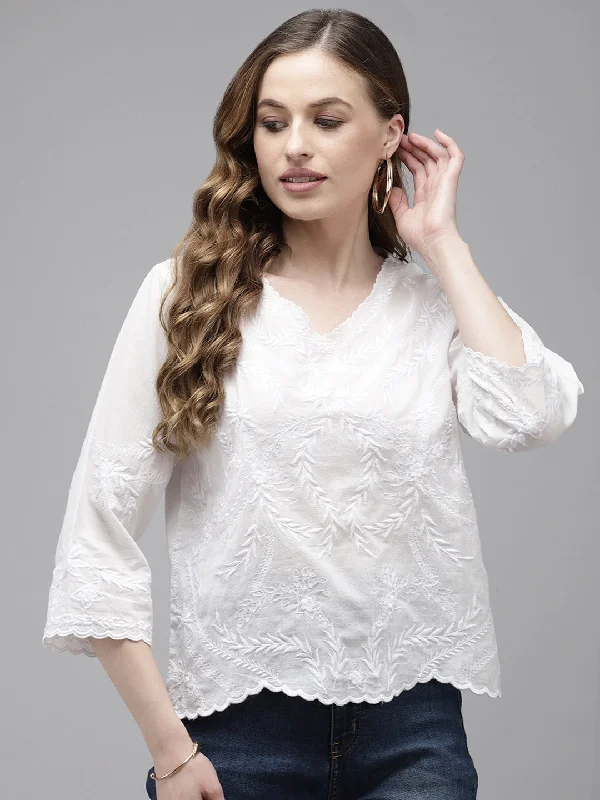Women's White Embroidered Crop Top - Ishin Collared Crew Neck Turtle Neck