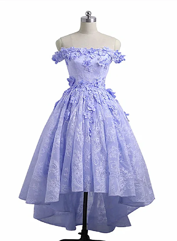 Lovely Lavender High Low Lace Party Dress, Cute Off Shoulder Prom Dress Tunics Cozy soft