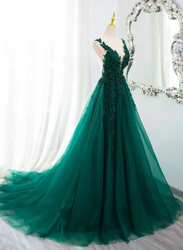 Dark Green V-neckline Lace Long Beaded Prom Dress, Dark Green Party Dress Tunics Fashionable trendy