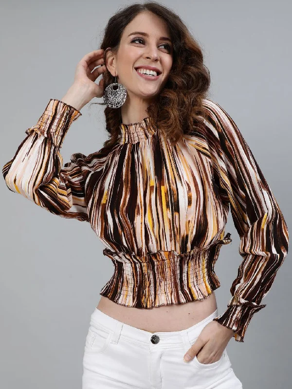 Women's Printed Crop Top - Ishin Striped Floral Plaid