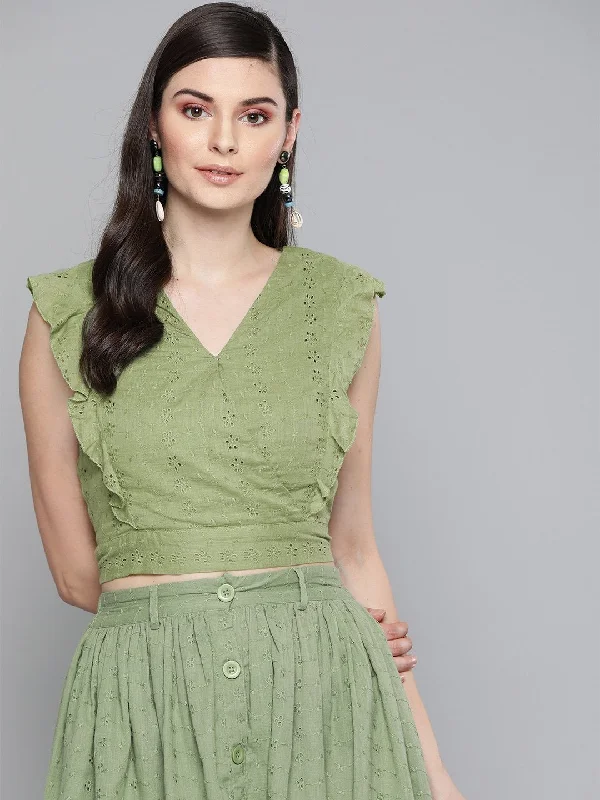 Women's Olive Schiffli Wrap Crop Top - SASSAFRAS Nylon Fabric Polyester Fabric Spandex Fabric