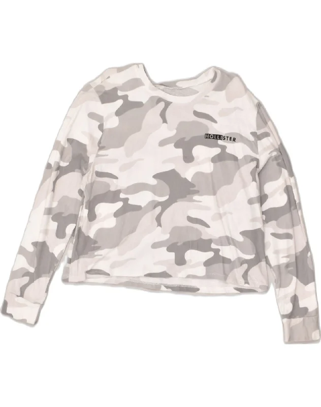 HOLLISTER Womens Long Sleeve Crop Top UK 16 Large Grey Camouflage Cotton Machine Wash Dry Clean Hand Wash