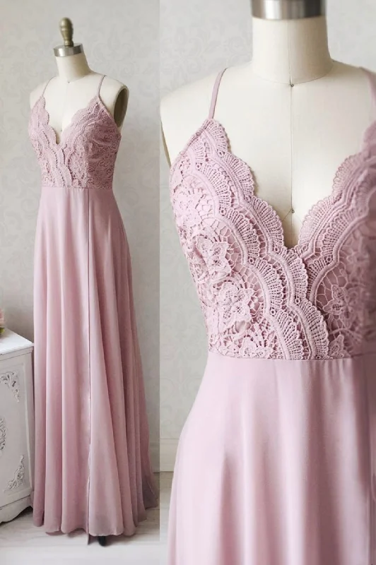 Pink Chiffon Lace Long Prom Dresses, V-Neck Spaghetti Strap Party Dresses Tunics Chinos classic Pink Chiffon Lace Long Prom Dresses, V-Neck Spaghetti Strap Party Dresses Tunics Chinos classic