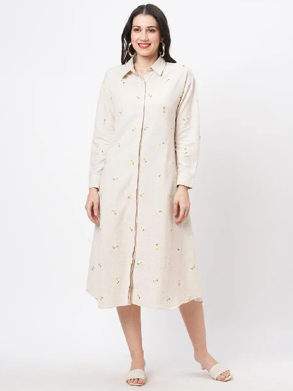 Hashtag Be Summery calf length dress with collar and concealed placket and embroidery on the front. Tunics Ceremony elegant