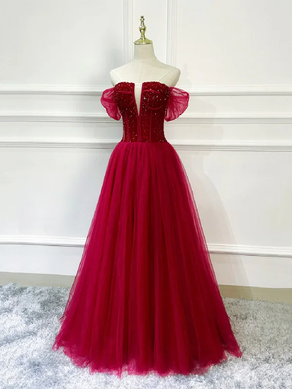 Burgundy Tulle Beaded Long Formal Dress, Off Shoulder Evening Party Dress Tunics Luxurious high-end