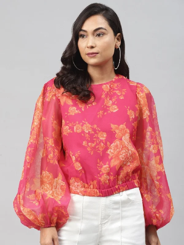 Women's Fuchsia Floral Balloon Sleeve Crop Top - SASSAFRAS Beaded Sequined Faux Fur