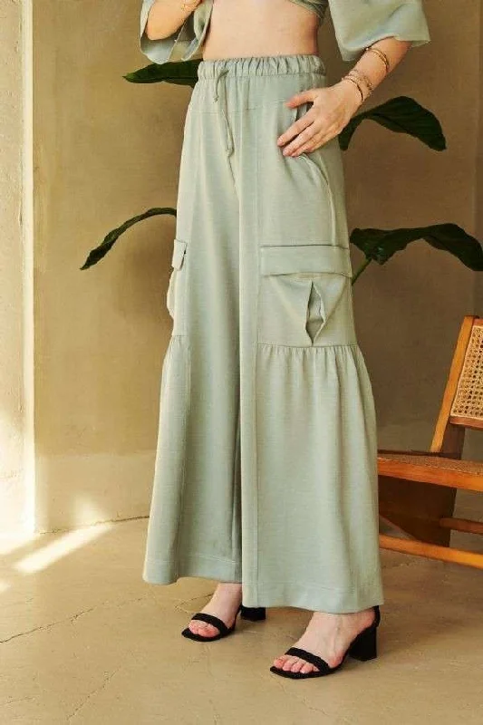 Davi & Dani Drawstring Ruched Detail Wide Leg Pants Chic Black Leggings