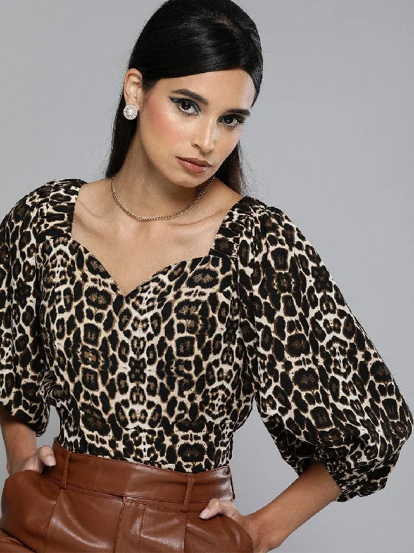 Women's Black Cheetah Puff Sleeve Crop Top - SASSAFRAS Ribbed Crop Top High Neck Heavyweight