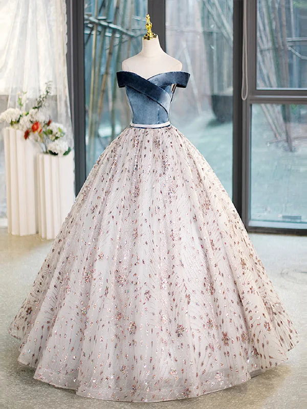 Blue Velvet and Tulle Long Prom Dress, Off Shoulder Evening Dress Party Dress Bodycon Fitted Nightout