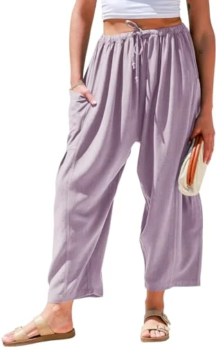 Tarse Women's Linen Wide Leg Pants Drawstring Low Waist Purple Size Medium Trendy Palazzo Pants