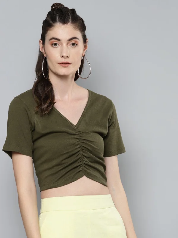 Women's Olive Gathe Detail Crop Top - SASSAFRAS Satin Fabric Silk Fabric Chiffon Fabric