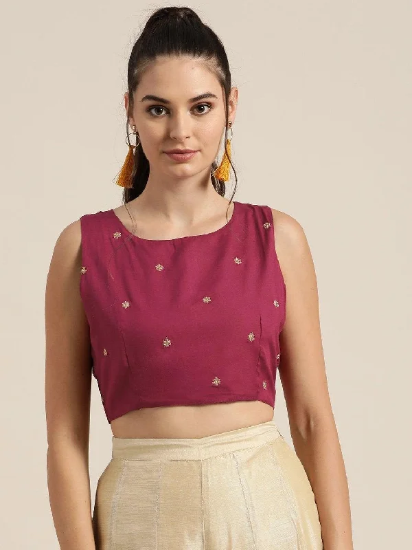 Women's Burgundy Sleeveless Embroidered Crop Top - SHAE Zippered Buttoned Snapped