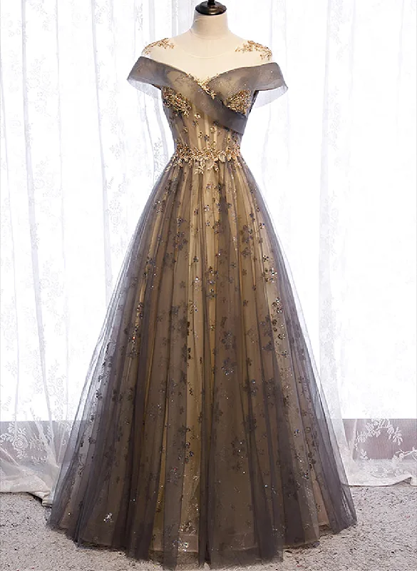 Grey A-line Tulle and Lace Long Prom Dress, Round Neckline Party Dress Tunics Bridal satin
