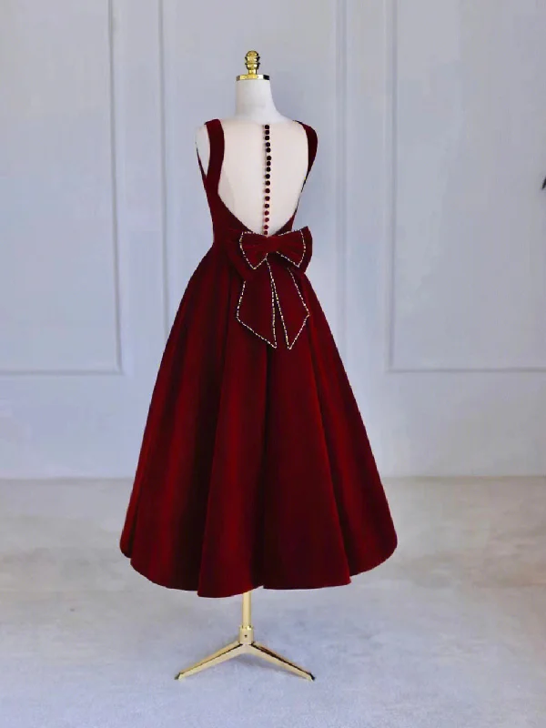 Burgundy Tea Length Velvet Prom Dress with Bowknot,  Burgundy Evening Party Dress Tunics Cozy soft