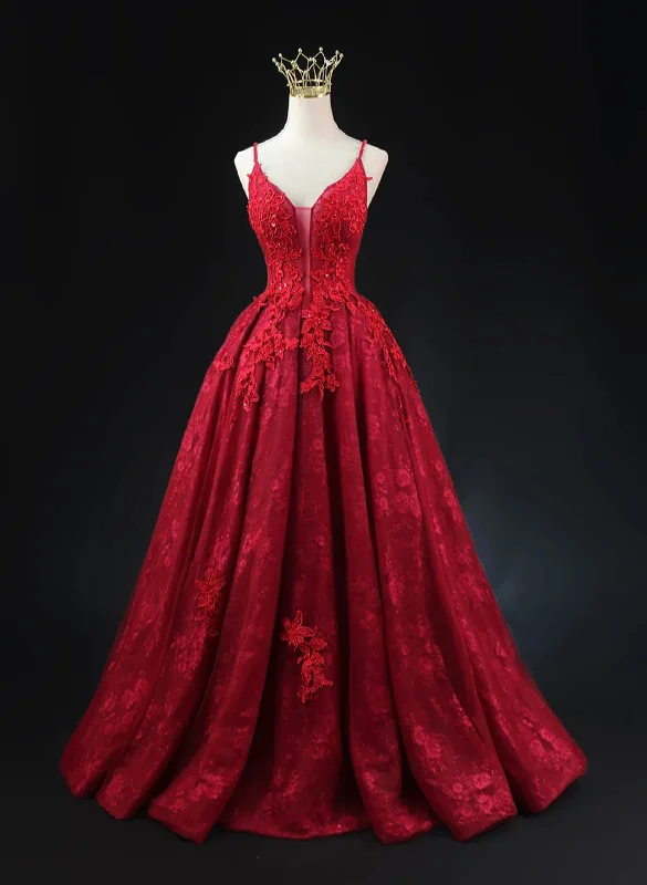 Wine Red Lace Applique Straps V-neckline Party Dress, Floor Length Wine Red Prom Dress Tunics Vintage classic