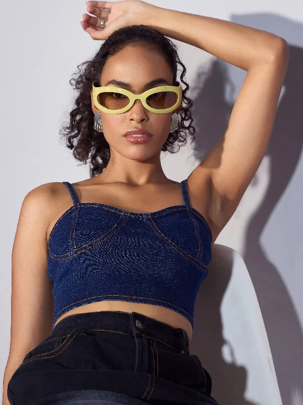 Women Blue Denim Strappy Crop Top Chenille Blend Fleece Blend Nylon Blend