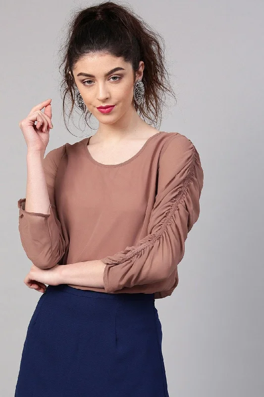 Women's Rosewood Ruched Sleeves Crop Top - SASSAFRAS Real Fur Shearling Chenille