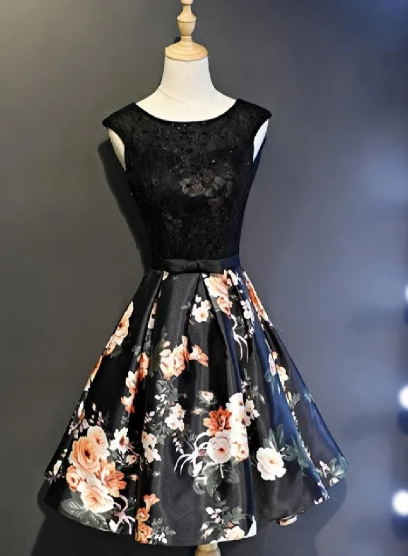 Black Floral Satin and Lace Round Neckline Short Party Dress Prom Dress, Black Homecoming Dresses Tunics Formal black Black Floral Satin and Lace Round Neckline Short Party Dress Prom Dress, Black Homecoming Dresses Tunics Formal black