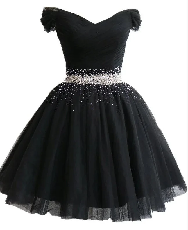 Fashionable Black Short Beaded Party Dress, Black Prom Dress Tunics Office stylish