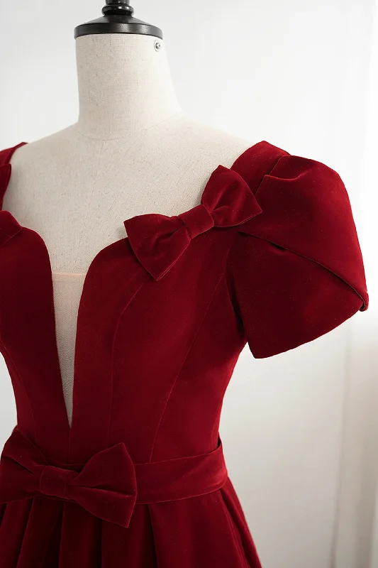Burgundy Velvet Velvet Long Prom Dress, Cute Short Sleeve Party Dress Tunics Custom made