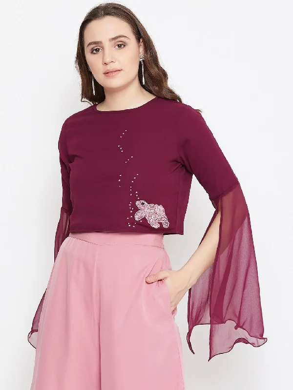 Women's Burgundy Hand Sequinned Crop Top  - BitterLime Zippered Front Buttoned Front Snap Front