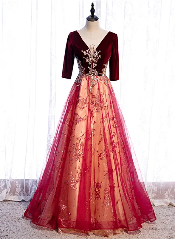Wine Red Velvet 1/2 Sleeves Long Party Dress with Lace, A-line Junior Prom Dress Tunics Trousers formal