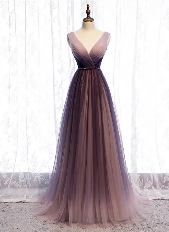 Gradient V-neckline Tulle Long Prom Dress Party Dress, Gradient Evening Gown Tunics Satin smooth