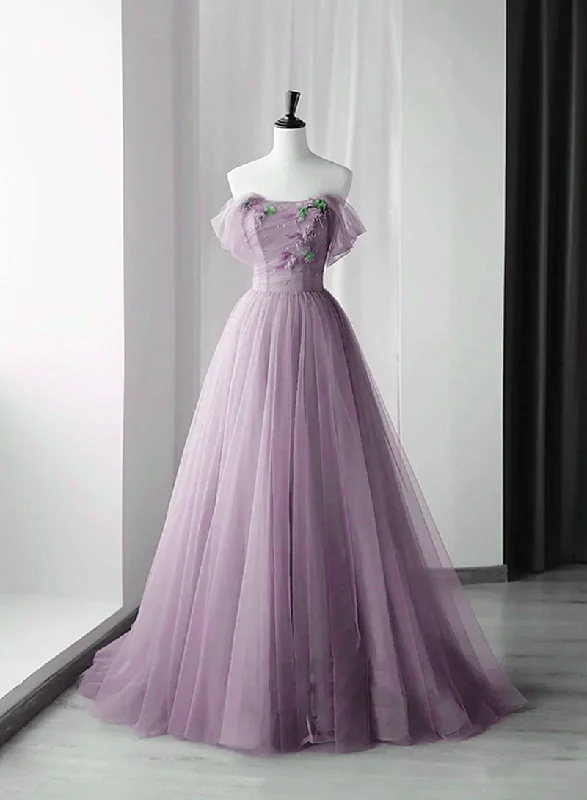 Elegant Tulle Long Party Dress with Flowers, A-line Tulle Evening Dress Prom Dress Tunics Top Casual