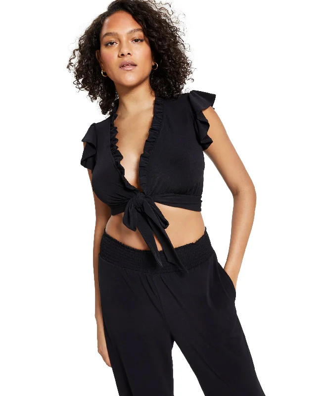Bar III Ruffled Tie Front Crop Top Embroidered Appliqued Beaded