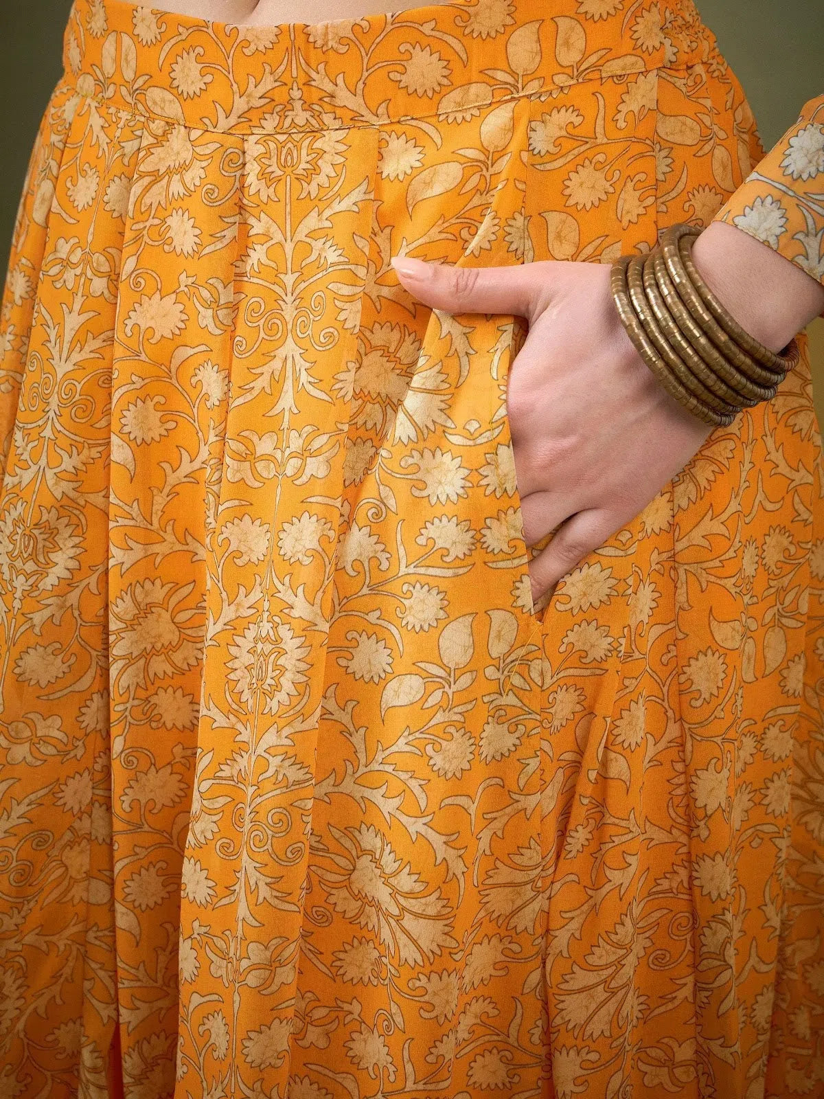 Women Yellow Floral Anarkali Skirt With Knot Crop Top Striped Floral Plaid