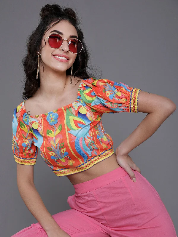 Women's Orange & Blue Printed Crop Top - Aks Ribbed Crop Top High Neck Heavyweight