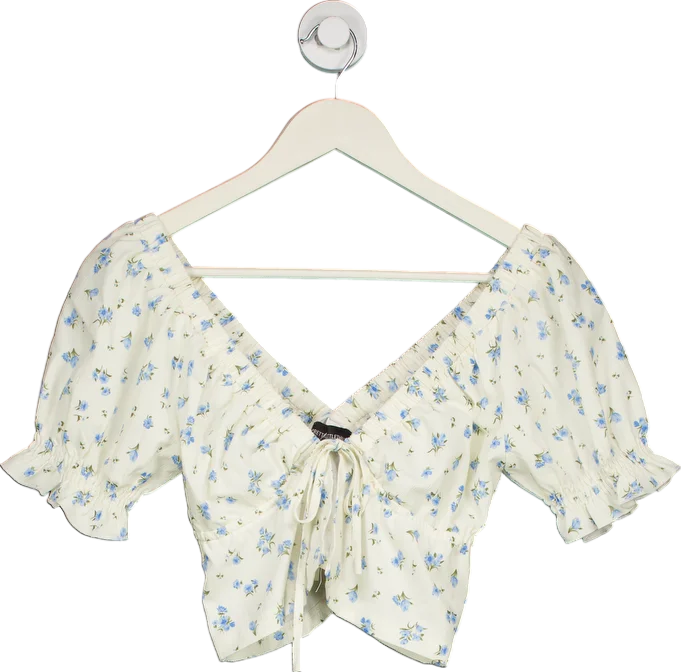 PrettyLittleThing White Floral Crop Top UK 6 Knit Fabric Woven Fabric Fleece Fabric