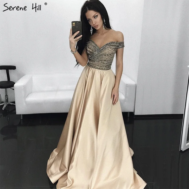 Off shouler Sexy Beading Fashion Luxury A-Line Prom Dress Diamond Crystal Satin Evening Party Dresses 2024 Serene Hill LA6252 Tunics Modern contemporary Off shouler Sexy Beading Fashion Luxury A-Line Prom Dress Diamond Crystal Satin Evening Party Dresses 2024 Serene Hill LA6252 Tunics Modern contemporary