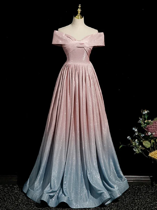 Pink Gradient Shiny Floor Length Prom Dress, Off Shoulder A-Line Evening Party Dress Tunics New arrival