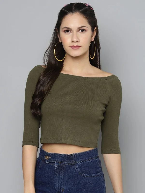 Women's Olive Bardot Crop Top - SASSAFRAS Casual Formal Business