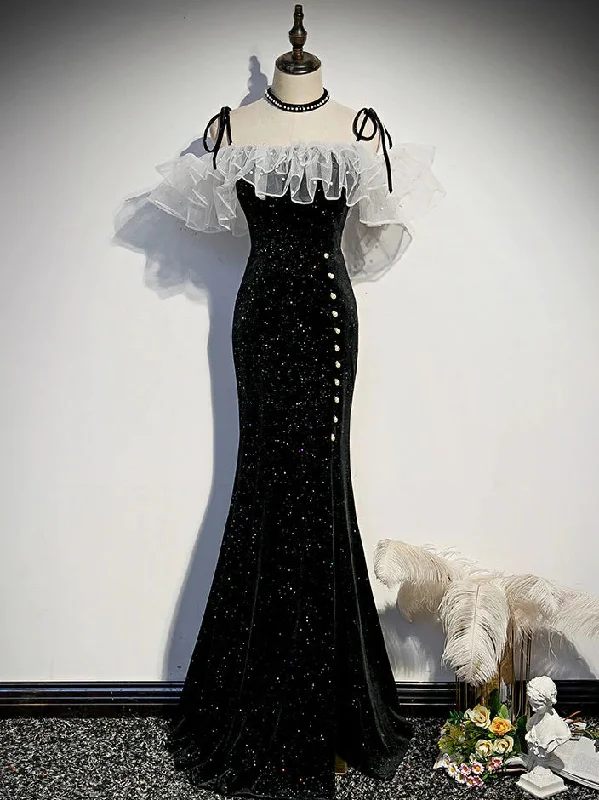 Black Mermaid Long Formal Dress Party Dress, Off Shoulder Black Evening Dresses Tunics Lace romantic