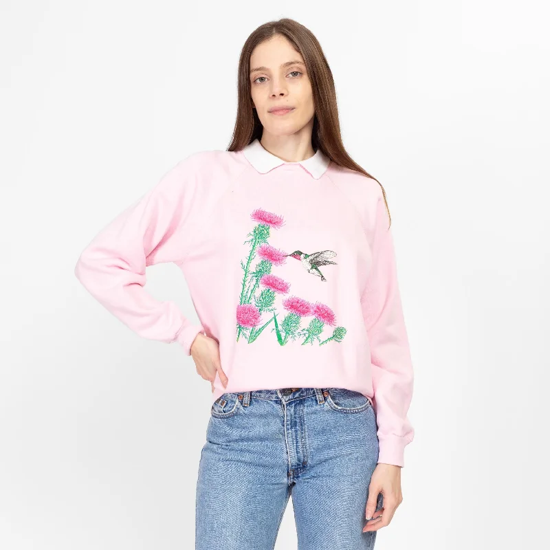 Large 90s Hummingbird & Thistle Flower Collared Sweatshirt Hoodie with Elastic Cuffs Stretchable Comfortable