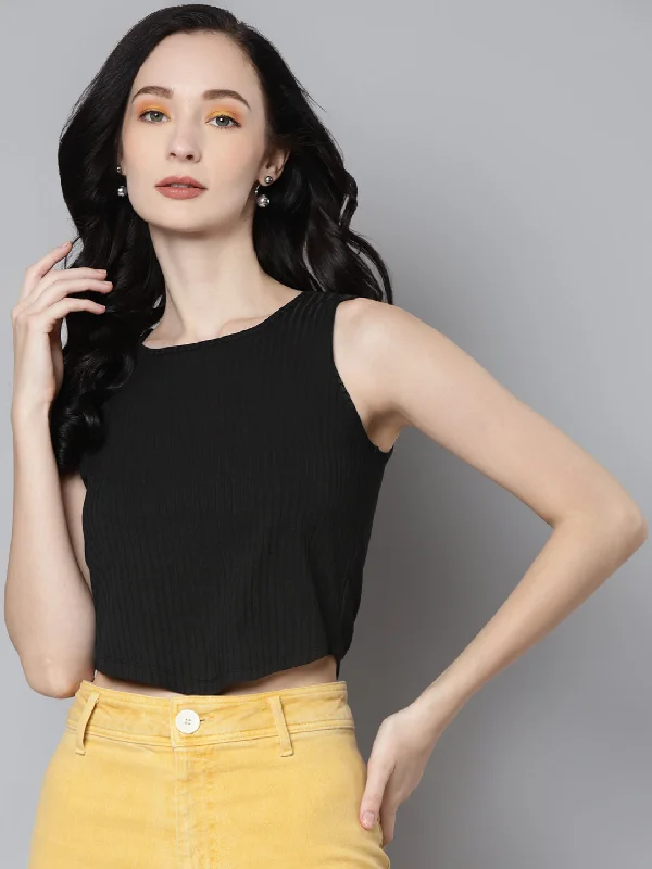 Women Charcoal Rib V-Hem Crop Top Cashmere Blend Cotton Blend Poly Blend