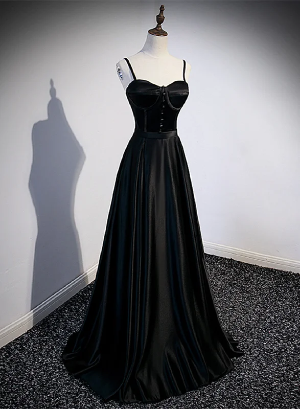 Black Satin Straps Long Party Dress, Black Sweetheart Long Evening Dress Prom Dress Boat Neckline Classic