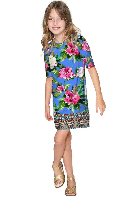 Aquarelle Grace Blue Floral Print Shift Party Dress - Girls Glittery Long Formal