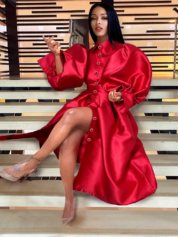 Lapel Long-Sleeved Bubble Sleeve Large Swing Dress Bandage Shirt Robe Dress Party Dress Party Dresses Party Dresses Tunics Trendy modern