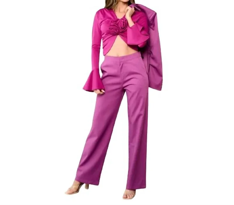 Top, Blazer And Pants 3 Piece Suit Set In Fuschia Formal Wide-Leg Pants